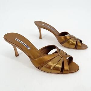 Manolo Blahnik Retro Bronze Metallic Leather Open Toe Mule Slide Sandal IT 41